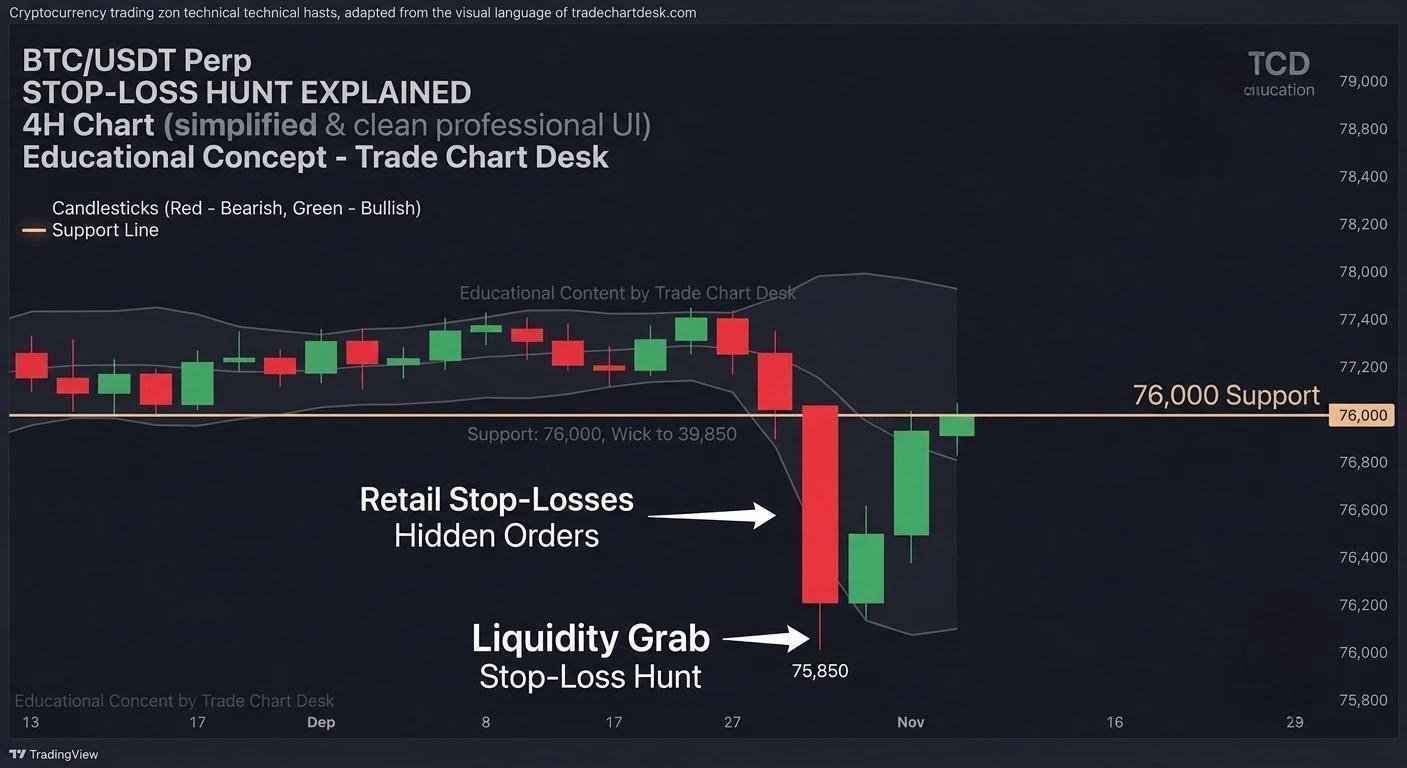 Illustrative chart of price sweeping below a support level where stop-loss orders cluster, then reclaiming it