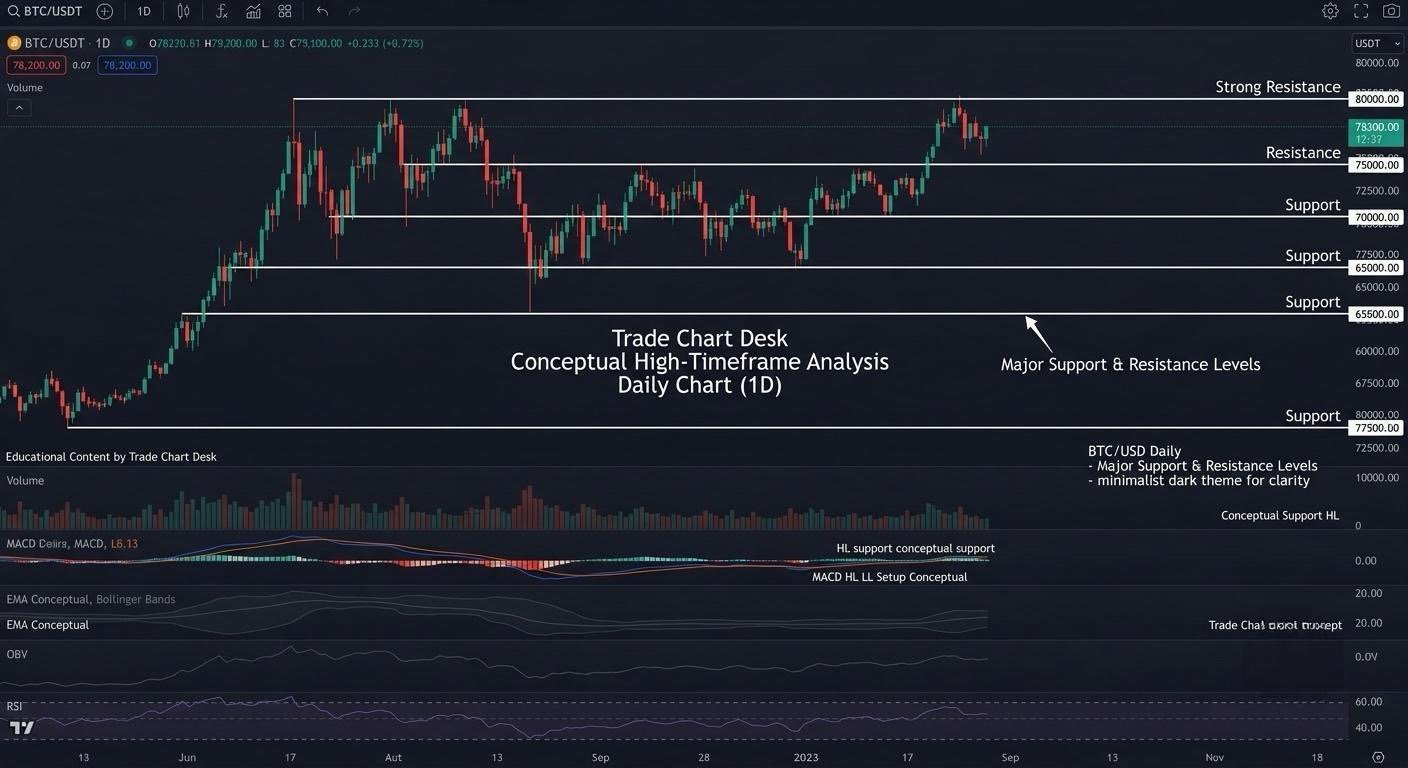 Illustrative chart with horizontal support and resistance zones marked