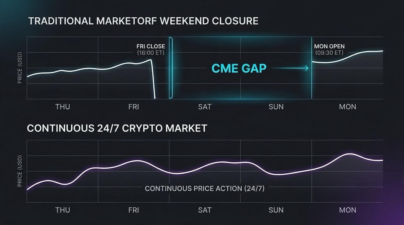 Illustration comparing a weekend market closure with continuous 24/7 trading